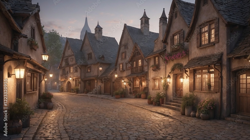 Fototapeta premium Charming old village, peaceful evening, cobblestone street lined with rustic houses