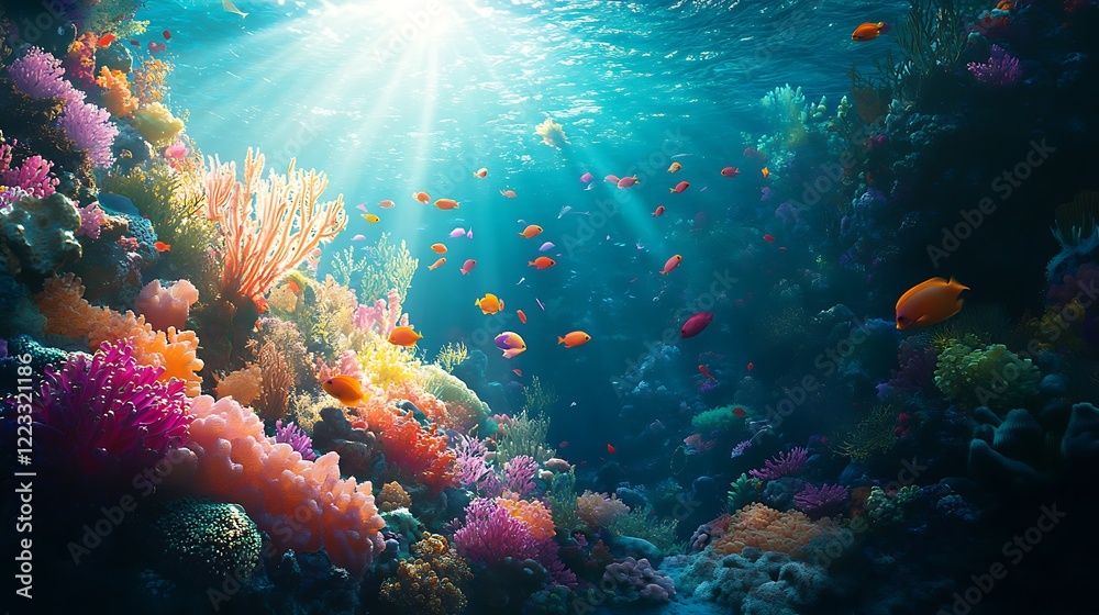 Fototapeta premium Vibrant coral reef teeming with colorful fish illuminated by sunbeams.