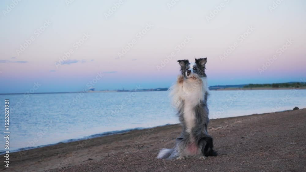 Border Collie sitting quietly on the beach as dusk settles. The dog appears contemplative, taking in the fading light by the water. Border Collie sitting quietly on the beach as dusk settles. The dog appears contemplative, taking in the fading light by the water.