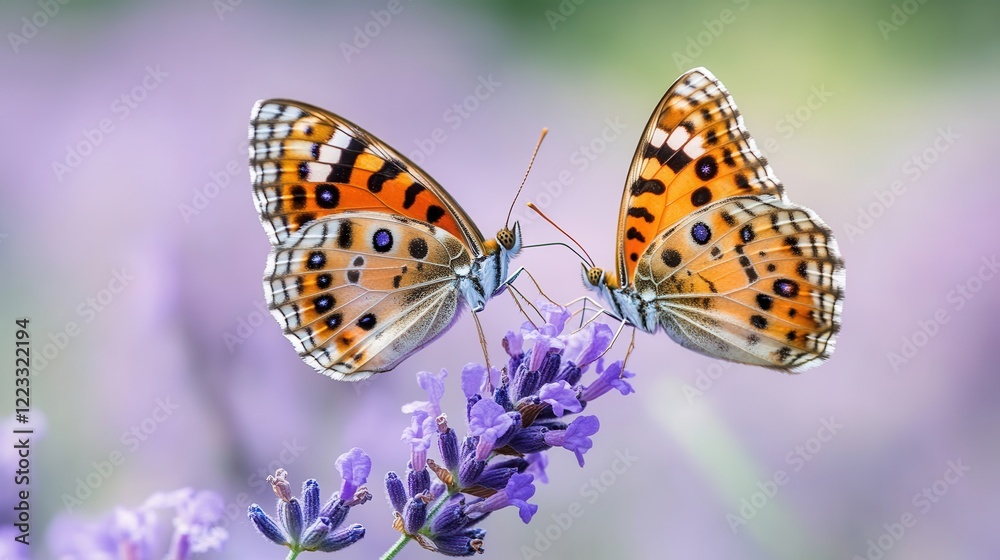 Two butterflies resting on lavender sprig in sunny purple field Two butterflies resting on lavender sprig in sunny purple field