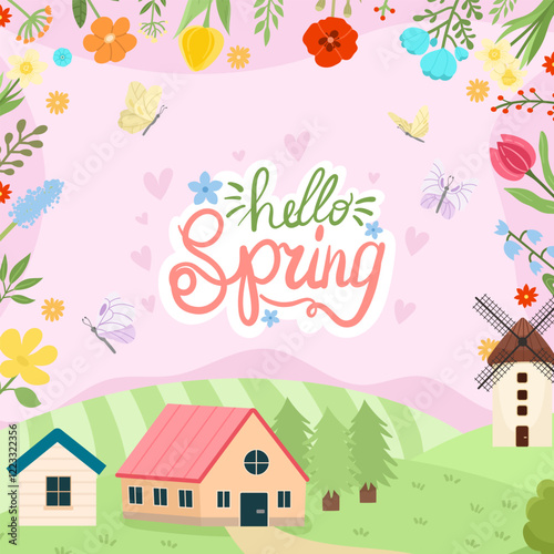 Spring landscape with lettering illustration with field, cute houses, mill and flowers. Country or village theme, hello spring lettering