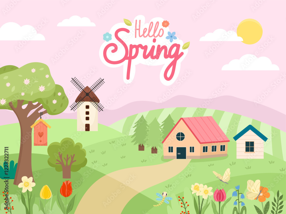 Naklejka premium Scene spring seasonal illustration landscape with green field, cute houses, mill and trees with flowers. Spring lettering cute, vector
