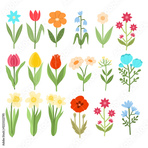 Set of different doodle bright flowers spring or summer on white background. Cute flowers for decor vector illustration