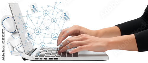 icon with businessperson typing on laptop keyboard with ai support and virtual connection with data; silhouette isolated over transparent (white) background with copy space