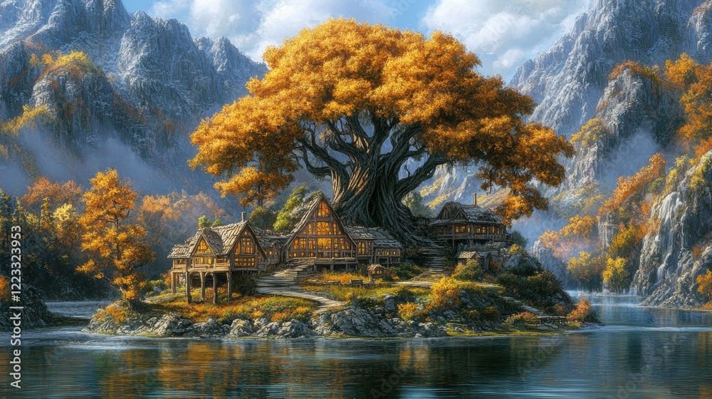 Fototapeta premium Autumnal Lakeside Village Nestled Under Giant Tree