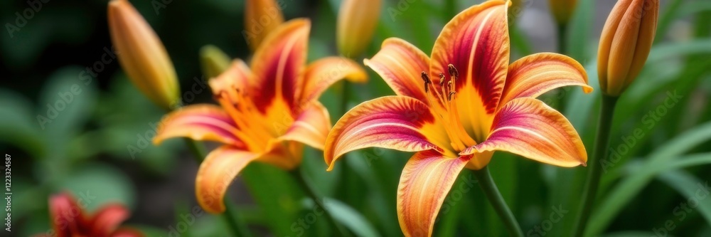 Red and yellow striped lily in a container garden, container garden, nature Red and yellow striped lily in a container garden, container garden, nature