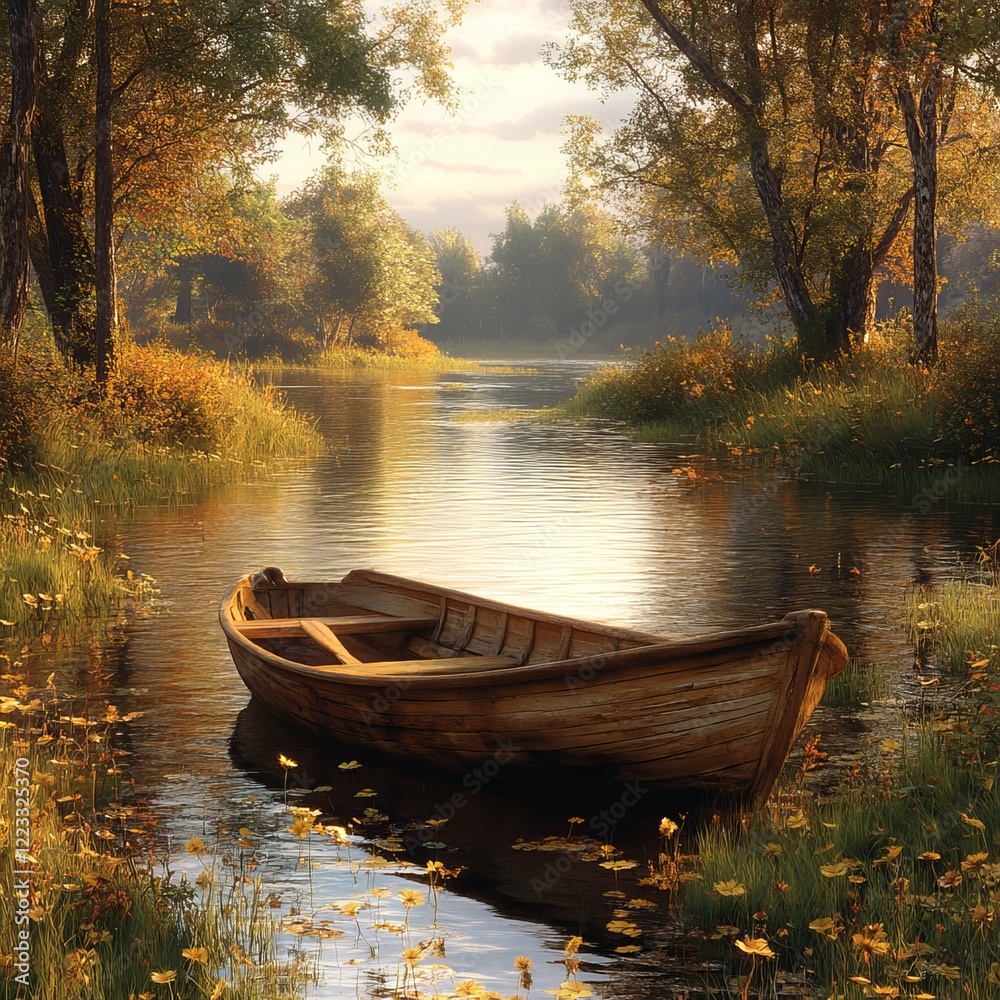 Serene Beauty: Tranquil Pond with Wooden Rowboat Serene Beauty: Tranquil Pond with Wooden Rowboat