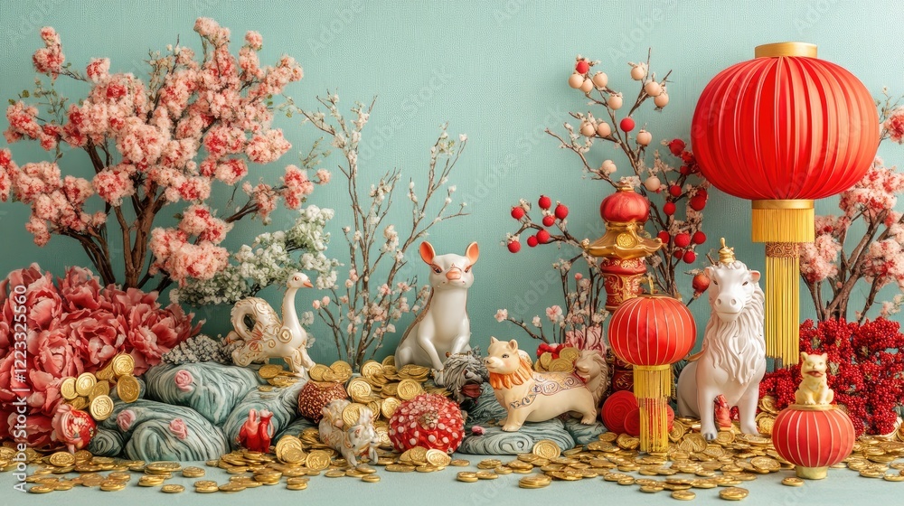 A festive Chinese Zodiac themed arrangement with animal figurines, gold coins, and red lanterns for Lunar New Year