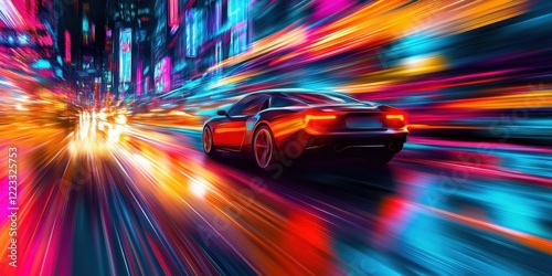 Fast Car Speeding Through Neon City Lights