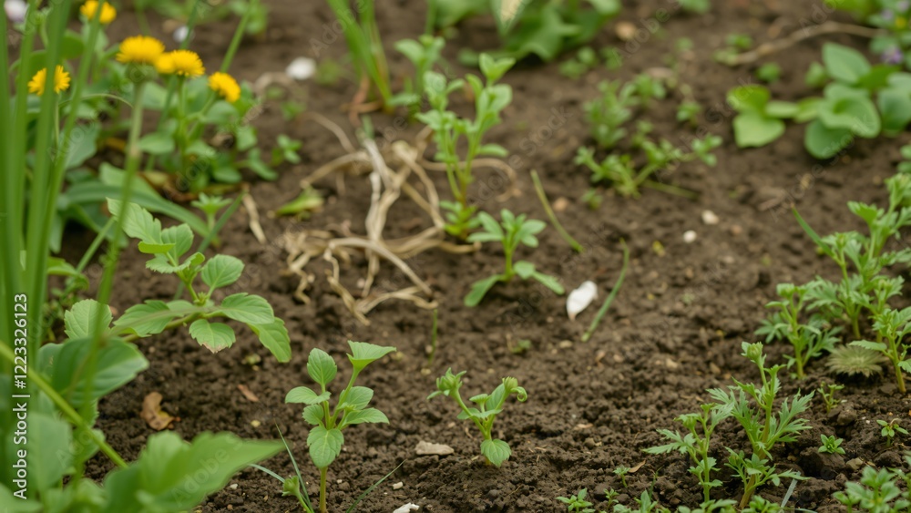 Young Plants Emerging from Rich Soil in a Garden Bed Young Plants Emerging from Rich Soil in a Garden Bed