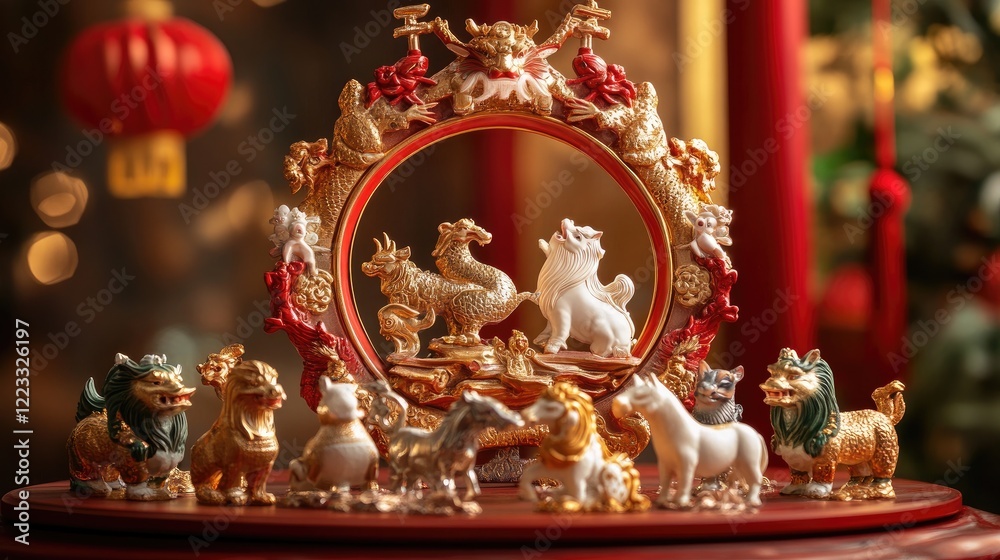 An elegant display of the 12 Chinese Zodiac animals arranged in a circle for the New Year celebration An elegant display of the 12 Chinese Zodiac animals arranged in a circle for the New Year celebration