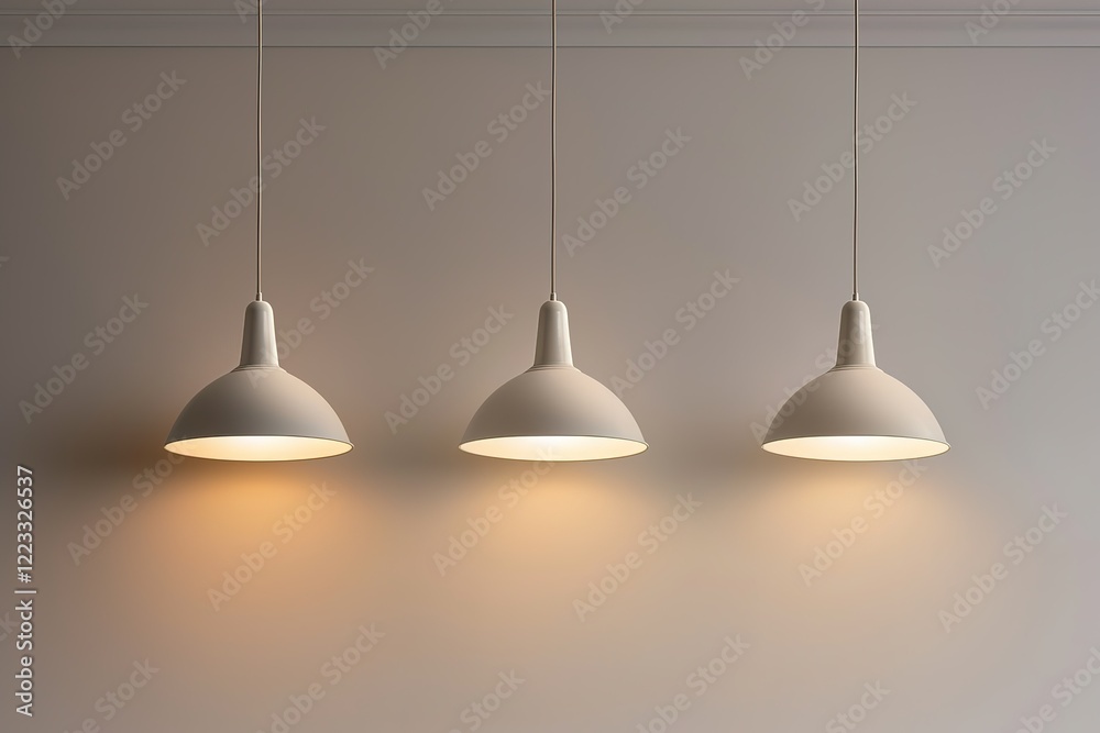 Three modern pendant lights illuminate a wall. Three modern pendant lights illuminate a wall.