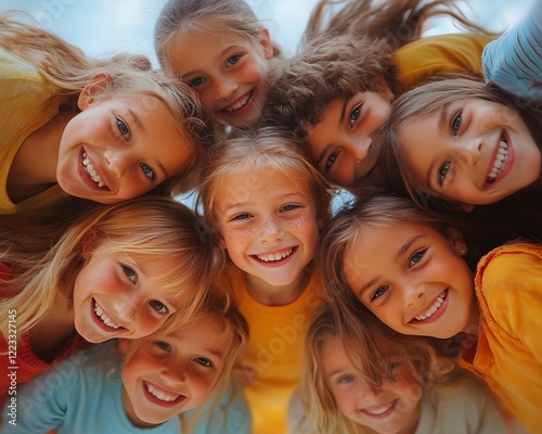 a group of cheerful children huddled together in a circle, looking down at the camera with wide smiles and bright eyes. international day of happiness