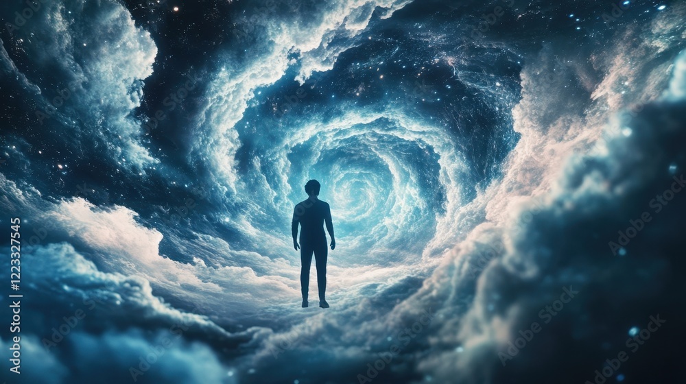 Silhouette of a man walking on clouds toward swirling blue and white galaxy vortex in space representing concepts of spirituality, self discovery, new dimension, and hope Silhouette of a man walking on clouds toward swirling blue and white galaxy vortex in space representing concepts of spirituality, self discovery, new dimension, and hope