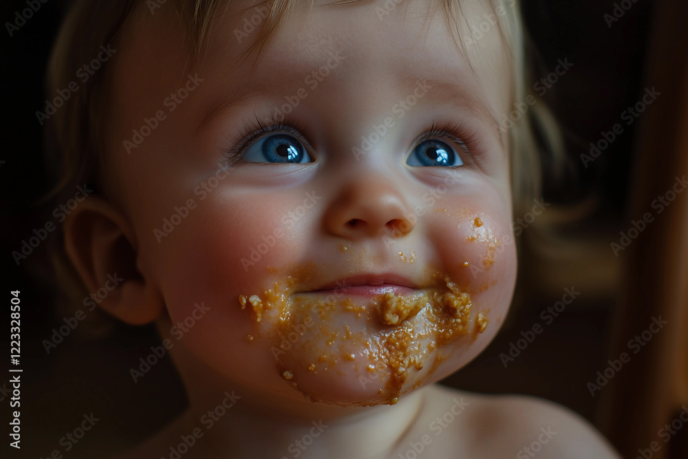 Generative AI image of a cute baby eating food in a highchair with a messy and funny expression Generative AI image of a cute baby eating food in a highchair with a messy and funny expression