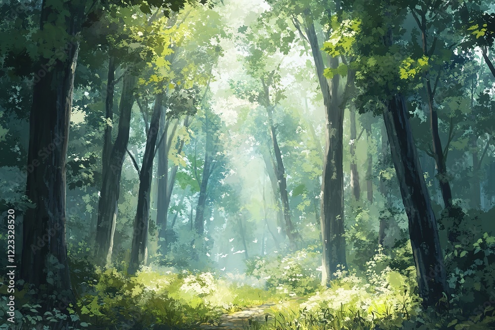 Obraz premium Sunlit path through a lush green forest