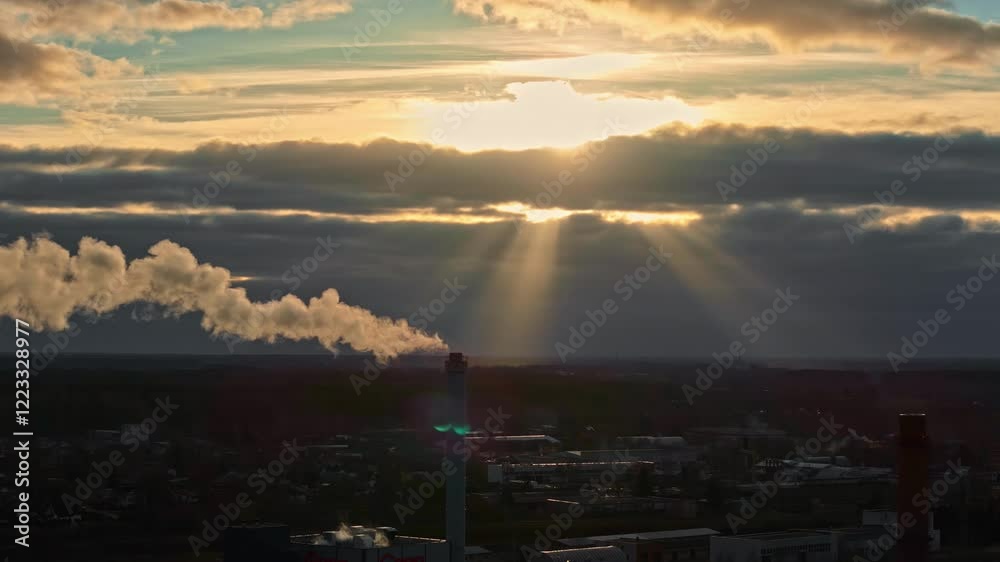 A factory with an industrial chimney emitting smoke and steam into the air, with the city in the background A factory with an industrial chimney emitting smoke and steam into the air, with the city in the background