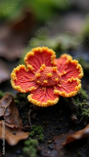 Red apothecia of a fruticose lichen on forest floor, leaf litter, forest ecosystem photo