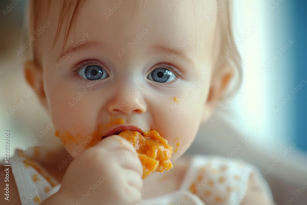 Generative AI image of a cute baby eating food in a highchair with a messy and funny expression Generative AI image of a cute baby eating food in a highchair with a messy and funny expression