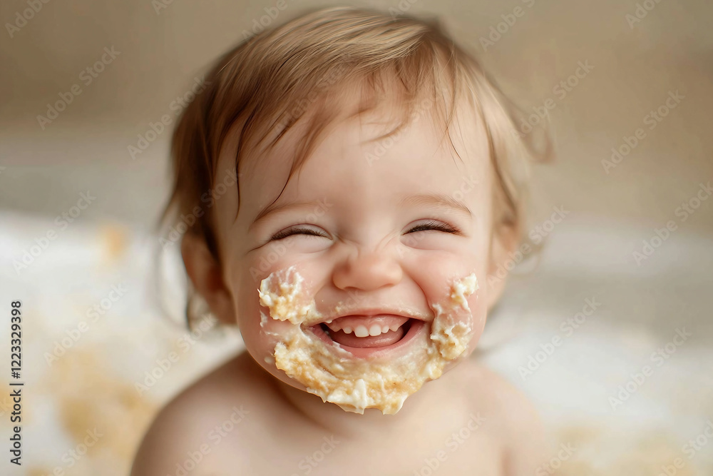 Generative AI image of a cute baby eating food in a highchair with a messy and funny expression Generative AI image of a cute baby eating food in a highchair with a messy and funny expression