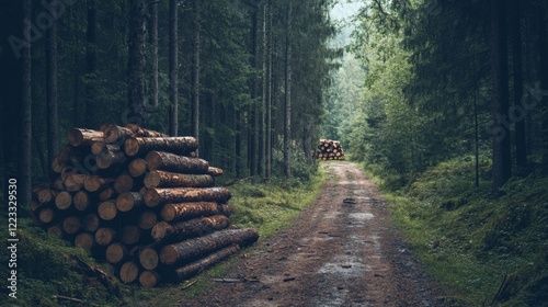 An exposed forest with illegally felled logs stacked on one side, emphasizing illegal logging and its role in deforestation,