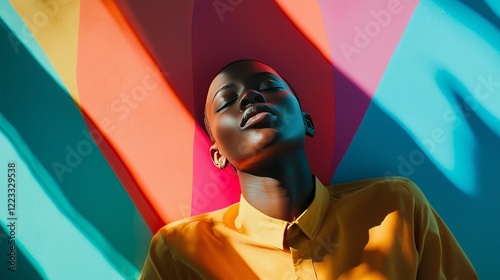 Portrait of a person in a yellow shirt against a colourful wall backdrop.