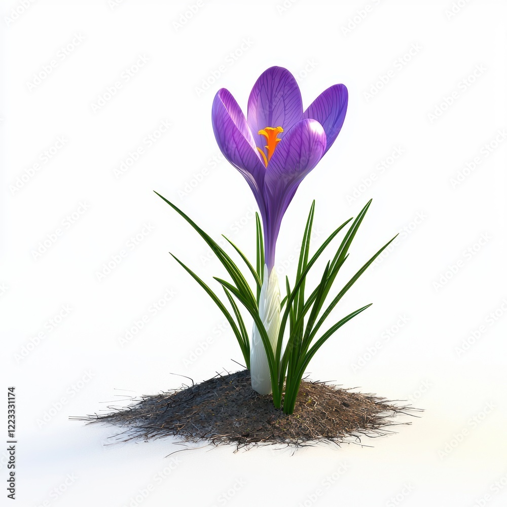 Naklejka premium 3D icon cartoon of a single crocus flower emerging from the ground, isolated on a white background 