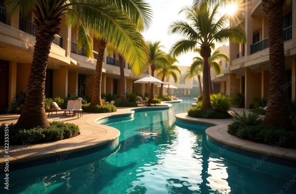 Fototapeta premium The river pool at the hotel at sunset. Beautiful tourist picture. Travel agency advertising