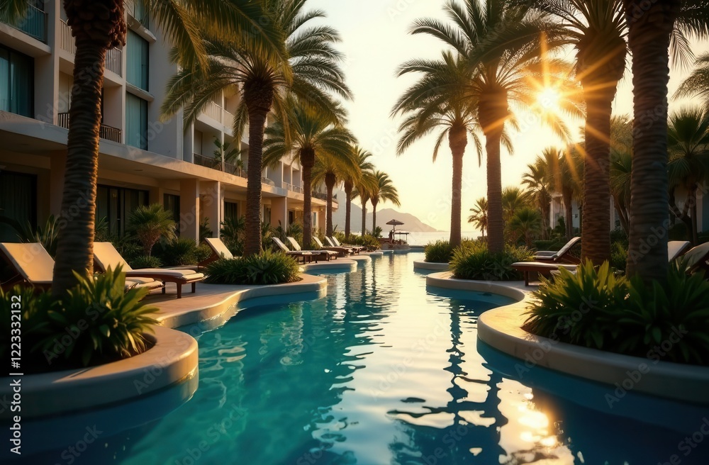 Fototapeta premium The river pool at the hotel at sunset. Beautiful tourist picture. Travel agency advertising