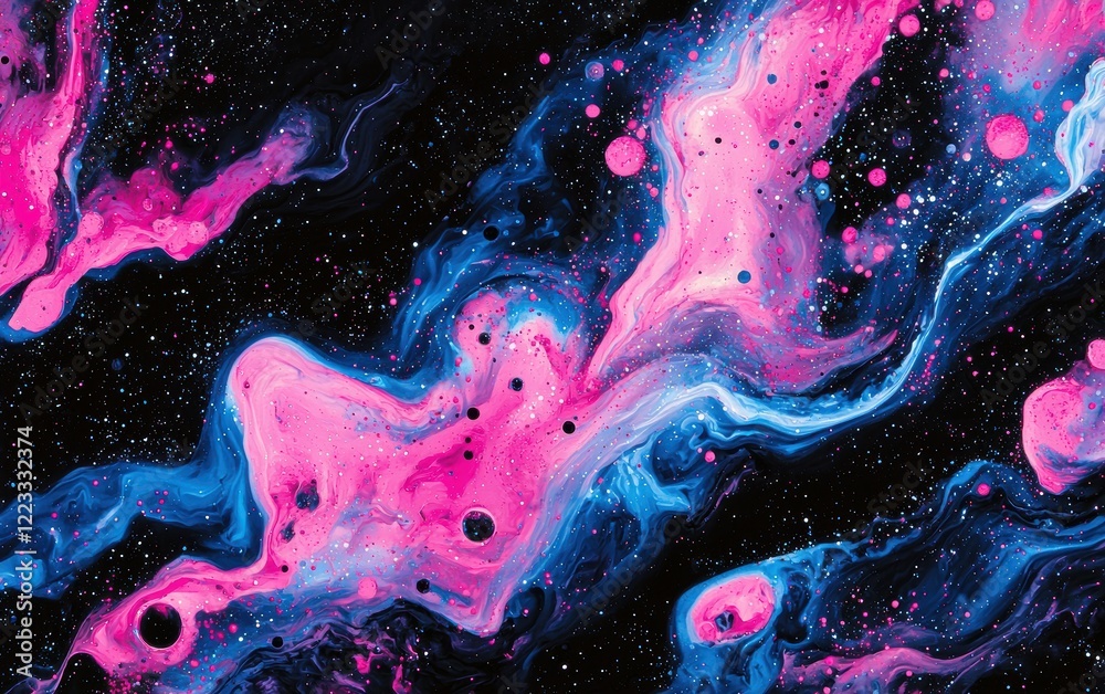 Obraz premium A cosmic abstract background with bright pink and blue nebula clouds, sprinkled with glowing stars on a deep black backdrop