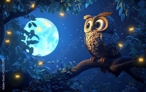 3D icon cartoon owl perched on a tree branch in a moonlit forest with glowing fireflies