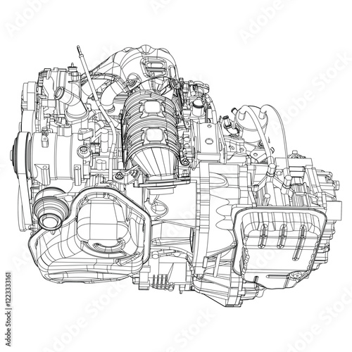 Technical Engine Drawings. Internal Combustion, Electric Motor, Motorcycle, and Rocket for High-Tech Concepts