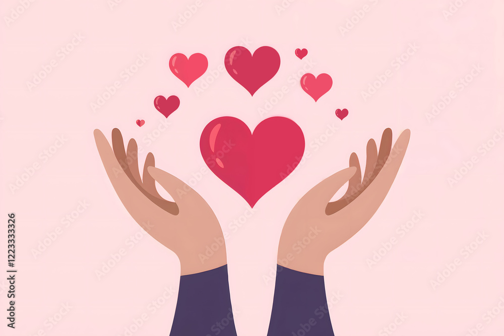 Illustration of Hands Reaching Up Toward Floating Red Hearts on a Soft Pink Background