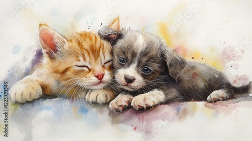 painting watercolor kitten with puppy. Selective focus.
