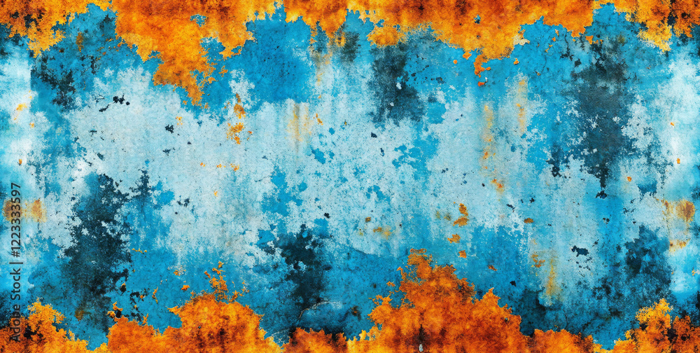 The vibrant abstract composition features bold splashes of blue and orange, creating a dynamic and energetic visual. The central area is dominated by softer blue tones,with copy space.AI The vibrant abstract composition features bold splashes of blue and orange, creating a dynamic and energetic visual. The central area is dominated by softer blue tones,with copy space.AI