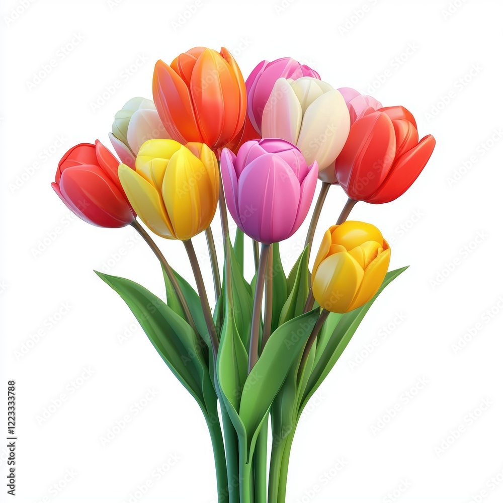 Fototapeta premium 3D icon cartoon of a tulip bouquet in vibrant spring colors, isolated on a white background 