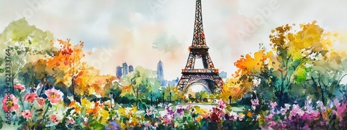 painting watercolor eiffel tower on the background of flowers. Selective focus.