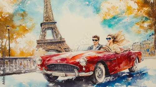 Fototapeta Naklejka Na Ścianę i Meble -  painting watercolor eiffel tower lovers in the car. Selective focus.