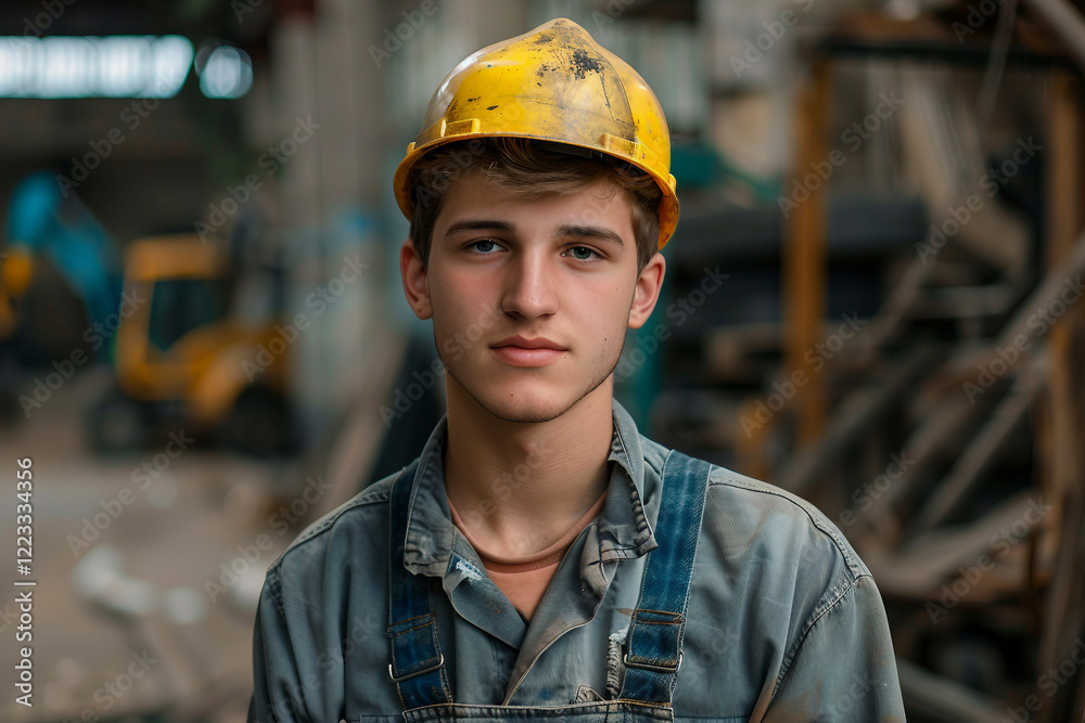 Portrait of a young construction worker indoors generative AI Portrait of a young construction worker indoors generative AI
