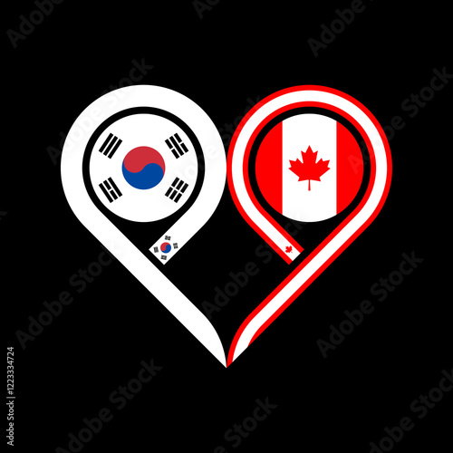 friendship concept. heart symbol icon of south korea and canada flags. vector illustration isolated on black background