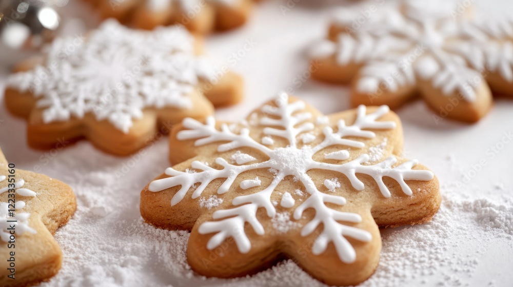 Delicious snowflake cookies with white icing in winter scene Delicious snowflake cookies with white icing in winter scene