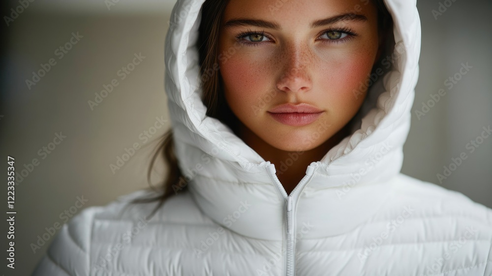 Fototapeta premium A woman wearing a white jacket with a hood, standing alone