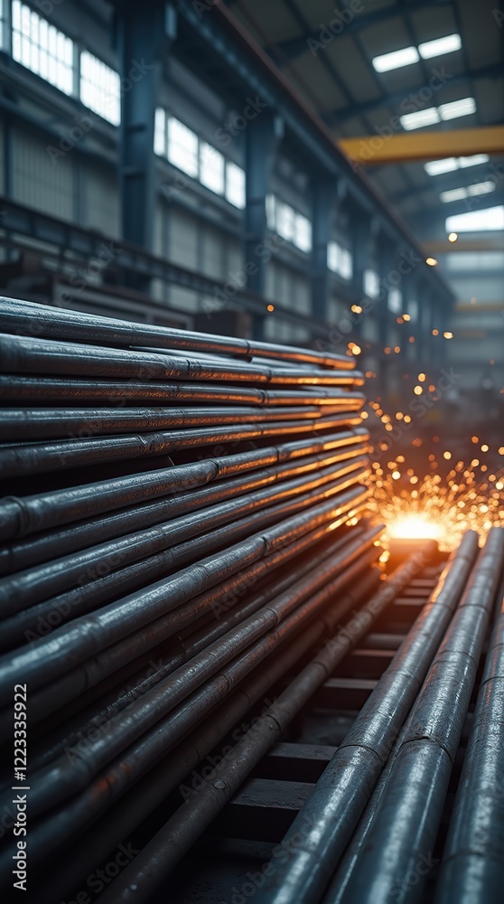 Obraz premium Industrial Steel Manufacturing Plant with Stacked Metal Rods and Sparks Flying