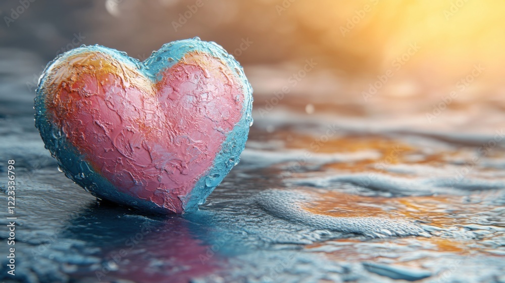Fototapeta premium Colorful heart-shaped object resting on a wet surface, illuminated by warm sunlight in the background