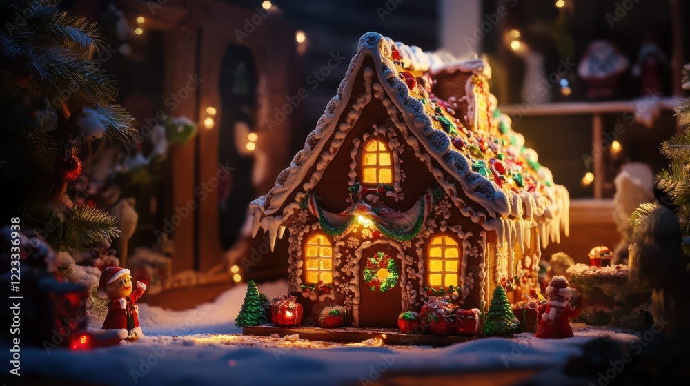 Festive gingerbread house illuminated at night in snowy holiday setting Festive gingerbread house illuminated at night in snowy holiday setting