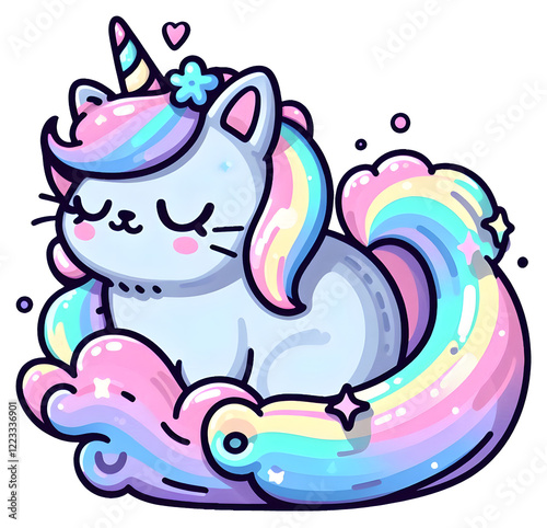 A cute cartoon unicorn cat with rainbow hair. Transparent background sticker