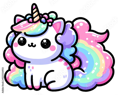 A cute cartoon unicorn cat with rainbow hair. Transparent background sticker
