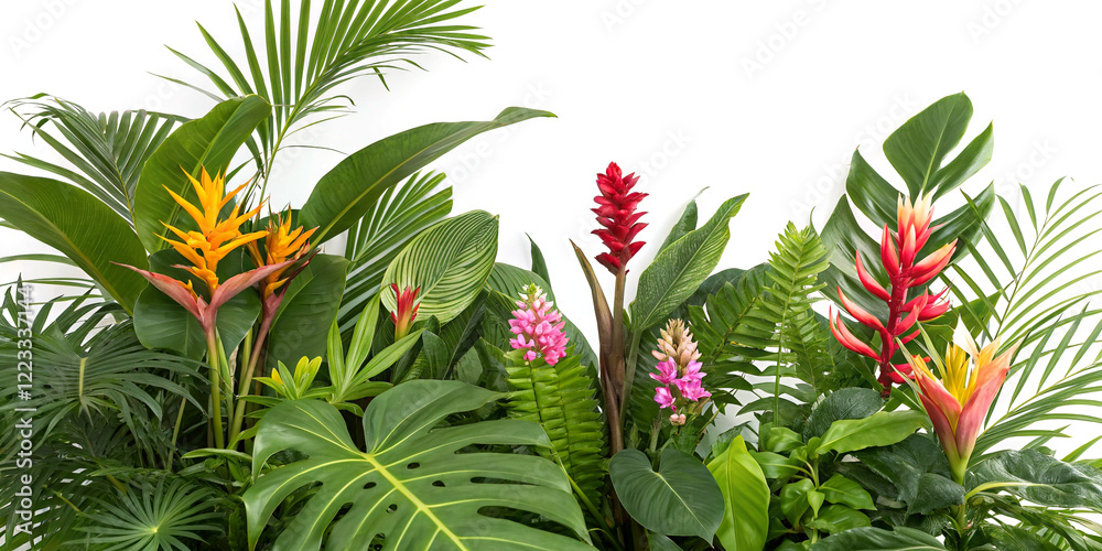 Fototapeta premium Tropical jungle flora and blooms on white background