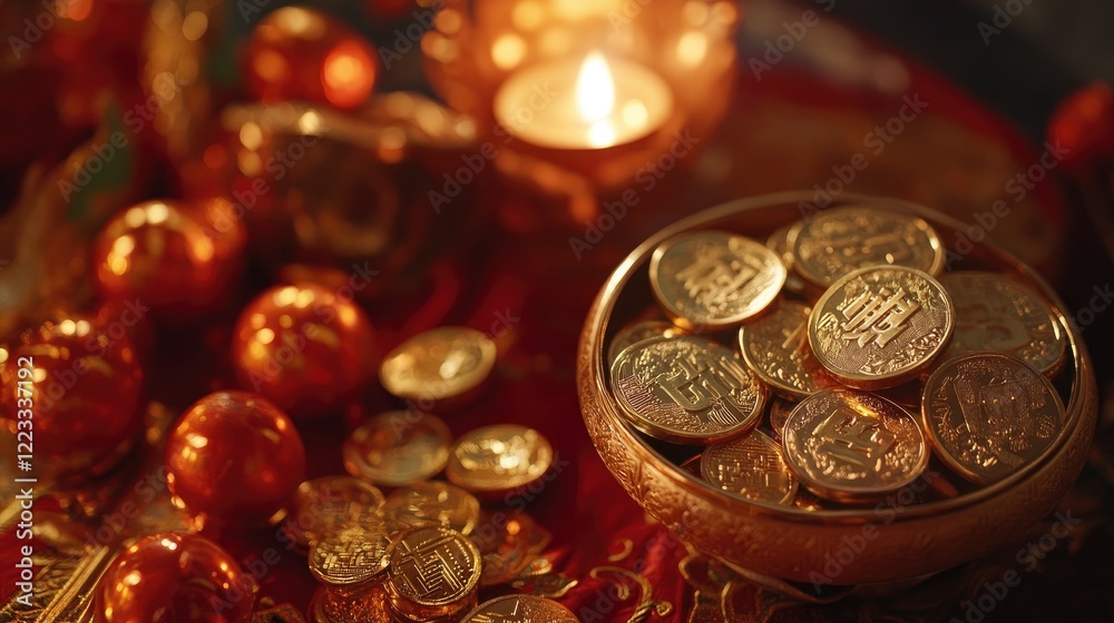 A close-up of Chinese New Year prosperity symbols including the gold ingot, Chinese coins, and the character for wealth A close-up of Chinese New Year prosperity symbols including the gold ingot, Chinese coins, and the character for wealth