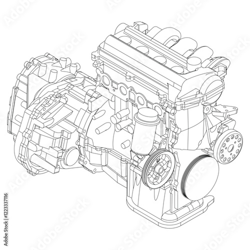 Technical Engine Drawings. Internal Combustion, Electric Motor, Motorcycle, and Rocket for High-Tech Concepts